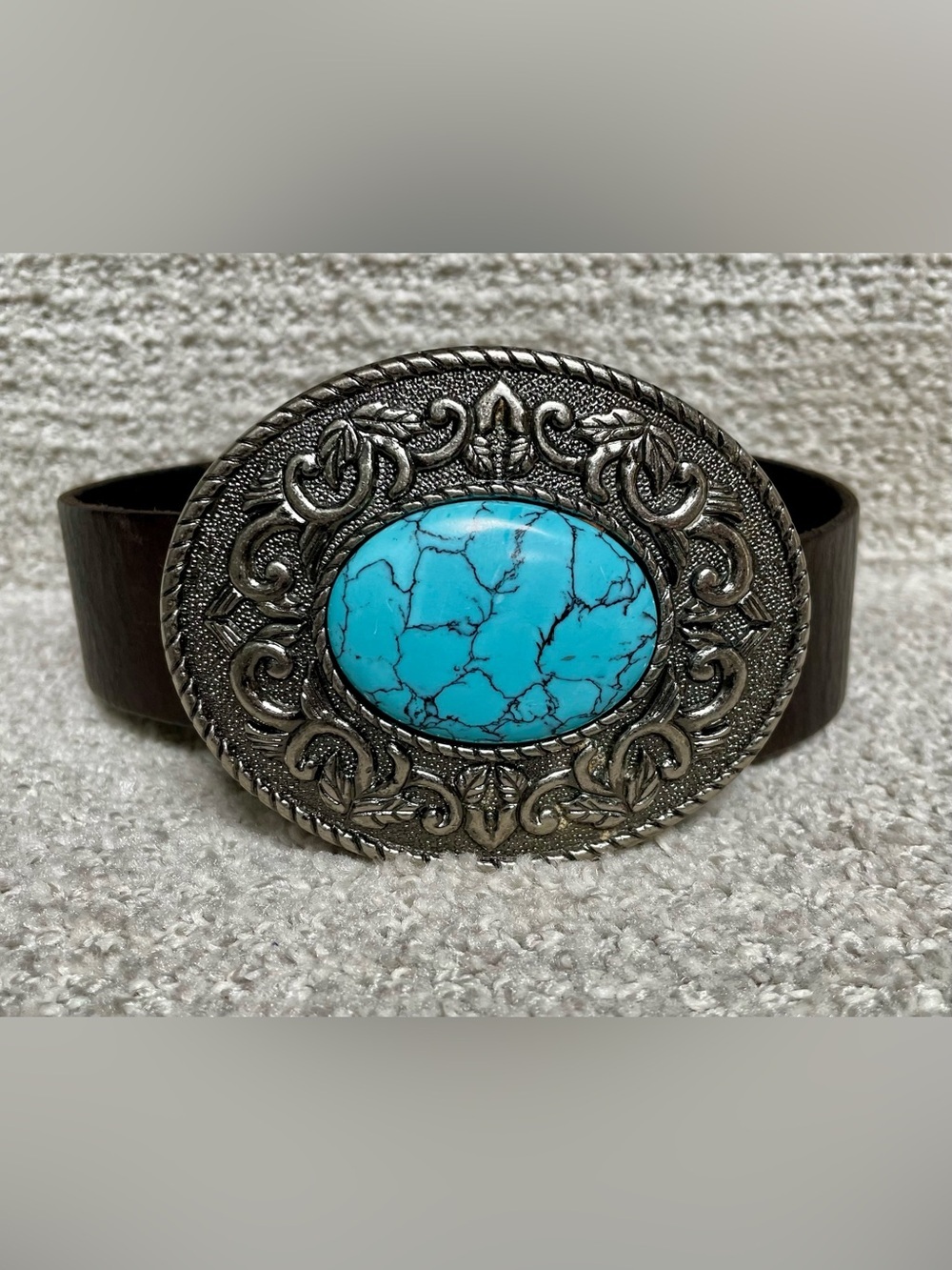 Amanda Smith Brown Leather Medium Heavy Antique Silver Turquoise Buckle Belt